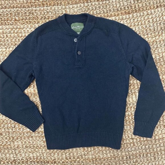 Eddie Bauer Navy Chunky Sweater Henley Fishermen’s Knit XL 1/4 Button Mock - Picture 2 of 6